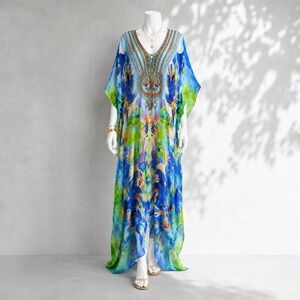 Shahida Parides Kaftan Dress OS Blue Green Floral Boho Resort Maxi Cover Up